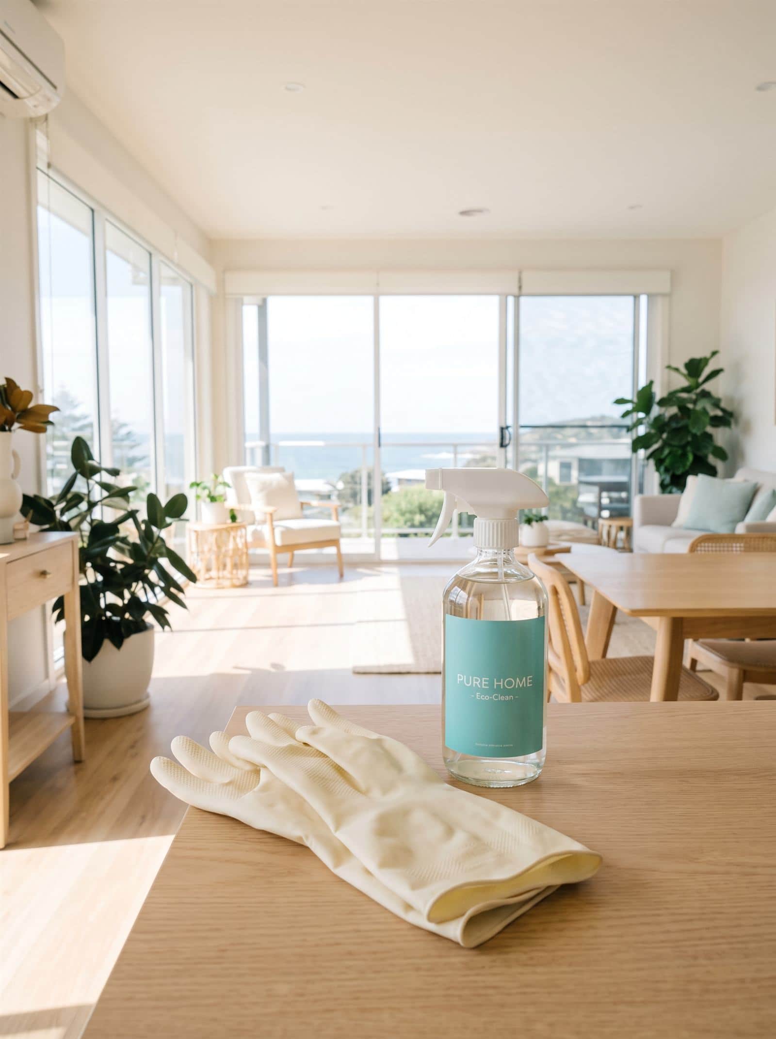 Sunlit clean home interior with cleaning supplies