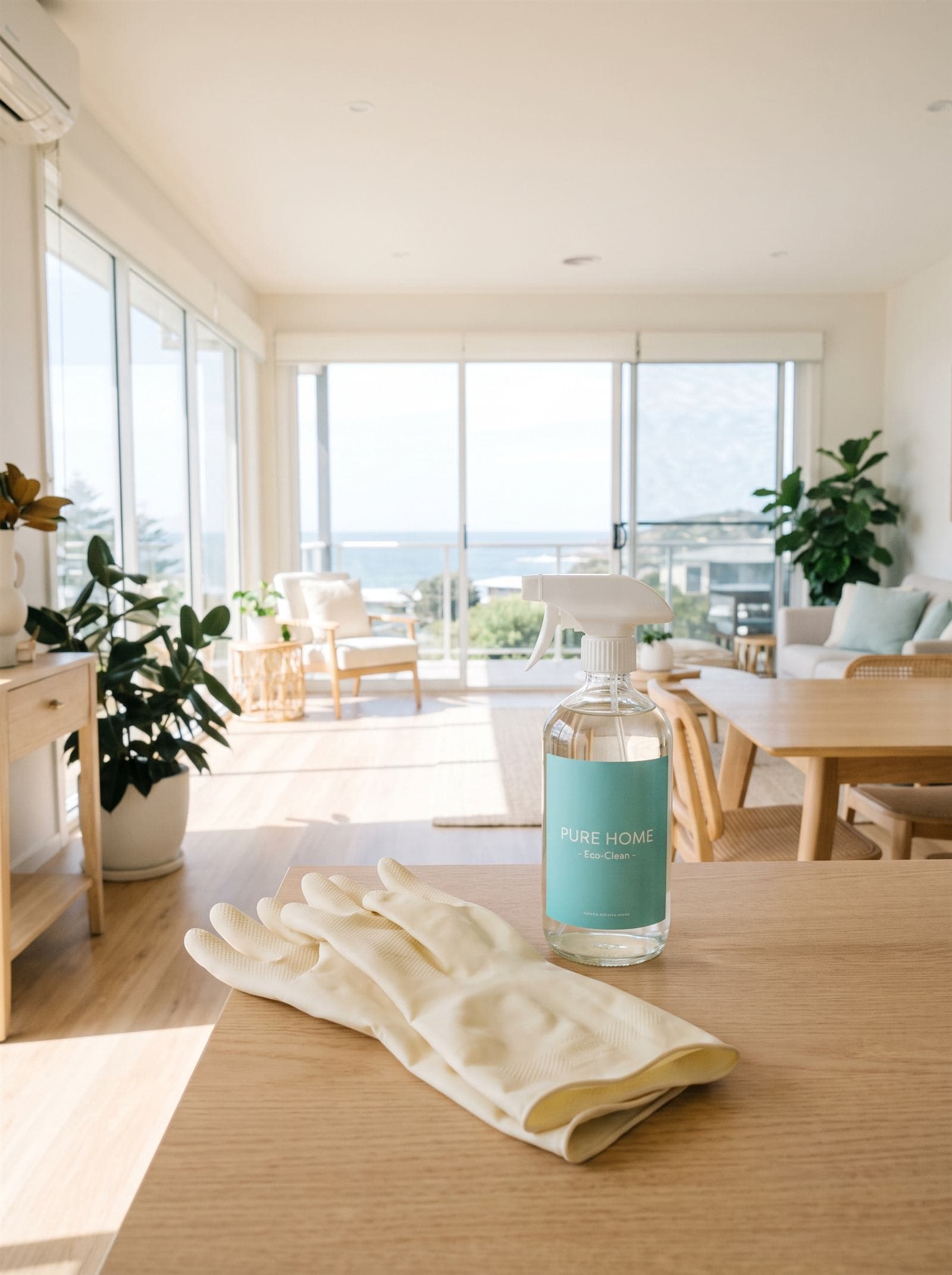 Sunlit clean home interior with cleaning supplies